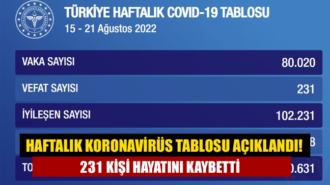 Sağlık Bakanlığı'nın haftalık Kovid-19 verilerine göre, 15-21 Ağustos'ta 80 bin