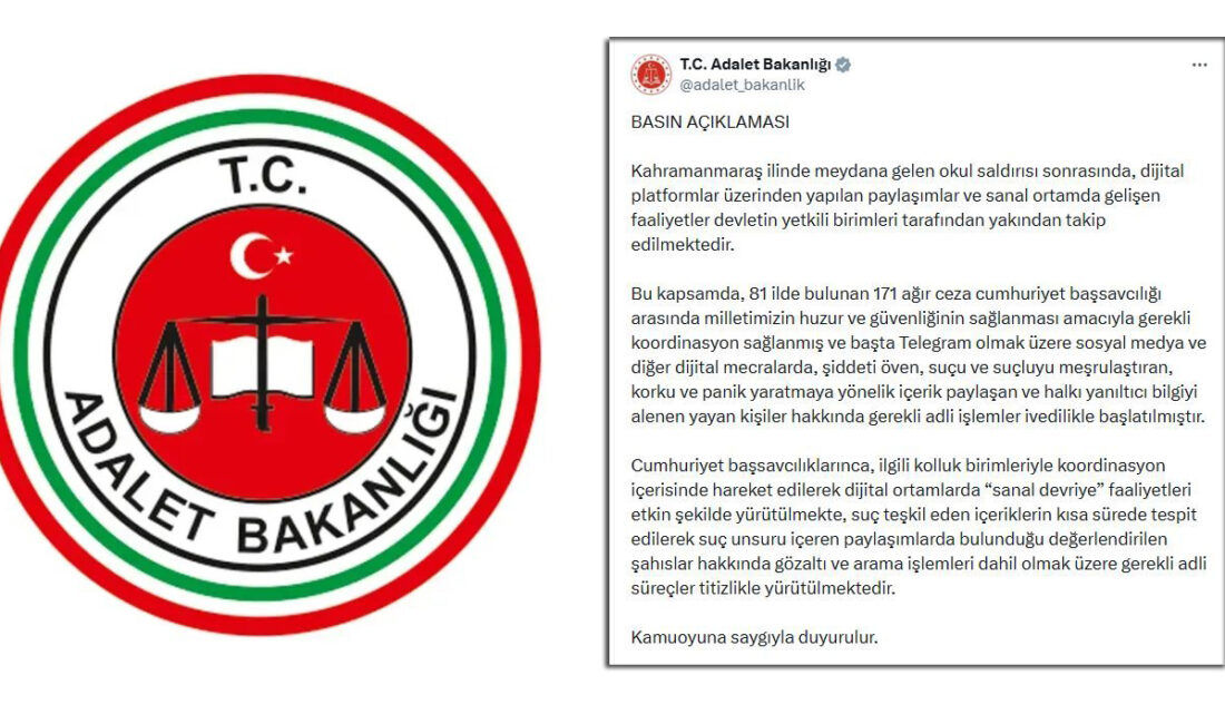 Kahramanmaraş’taki okul saldırısının ardından Adalet Bakanlığı harekete geçti. Suç ve