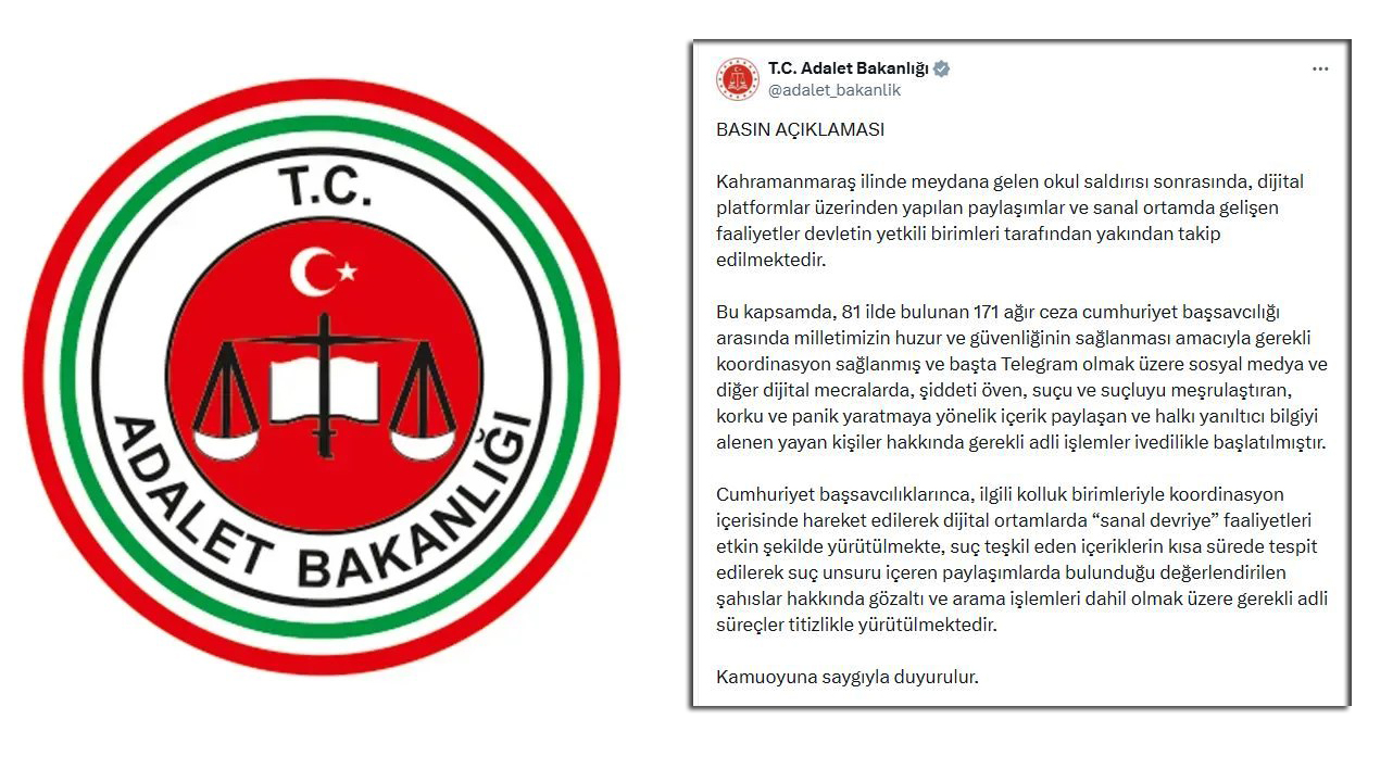 Kahramanmaraş’taki okul saldırısının ardından Adalet Bakanlığı harekete geçti. Suç ve