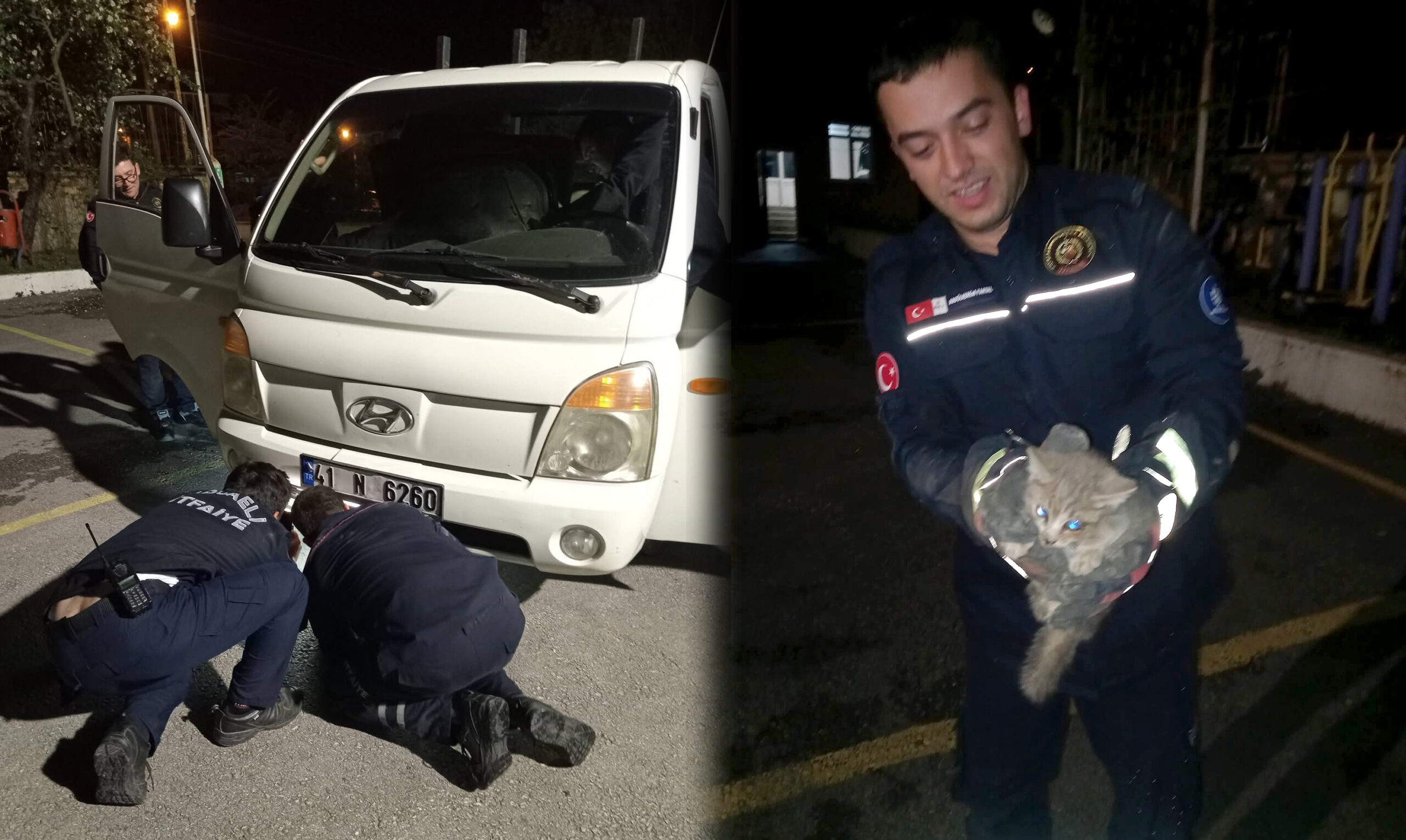 Kandıra sanayi esnaflarından Dursun Yılmaz’ın aracının motor kısmından kedi sesi